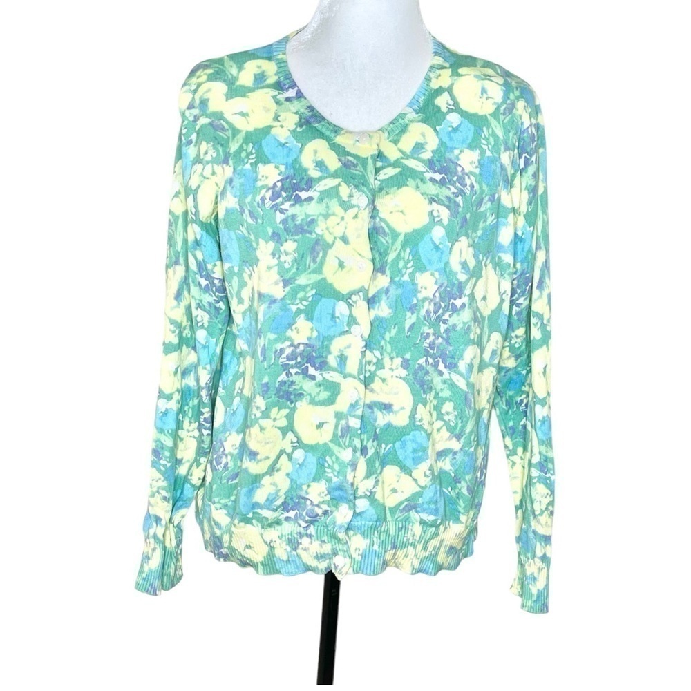 L.l Bean Spring Yellow & Green Spring Cardigan US L